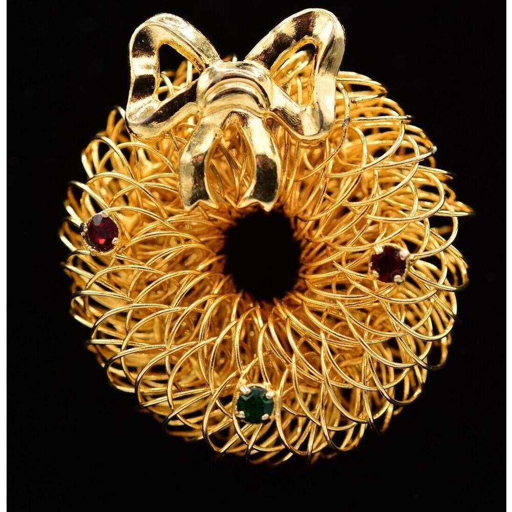 Wired Wreath Brooch Pin Christmas Red Green Rhinestone Crystal Vintage 80s BinAC